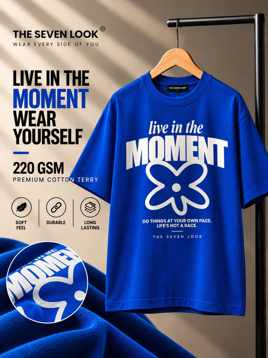 Men's Blue Oversized Live in the Moment Graphic T-Shirt