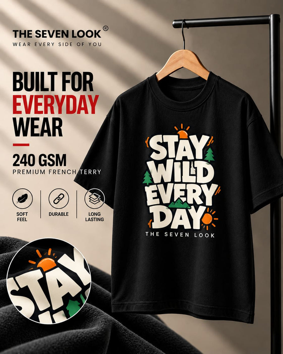 Men's Black Oversized Stay Wild Every Day Graphic T-Shirt