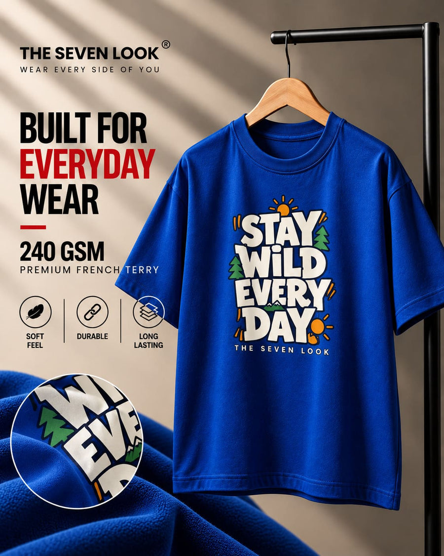 Men's Blue Oversized Stay Wild Every Day Graphic T-Shirt
